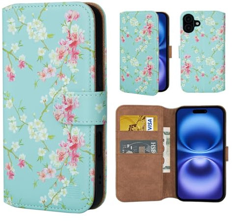 32nd Floral Series 3.0 - Design PU Leather Book Wallet Case Cover for iPhone 16 (6.1), Flip Case With RFID Blocking Card Slots, Magnetic Closure and Built In Stand - Spring Blue