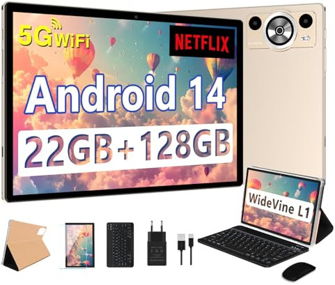 DEERTiME Newest Tablet 10 Pulgadas Android 14, 8-Core 2.0 GHz, 22GB RAM+128GB ROM, Widevine L1, 5G WiFi, BT5.0, 8000mAh, GMS Certificado, Widgets, Tablet PC con Funda, Teclado y Ratón - Oro