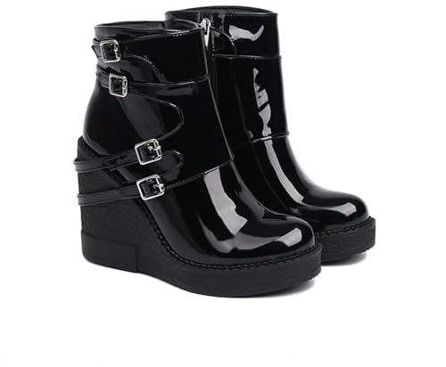 LMUIPMAA Donna Alta Tacco a Zeppa Piattaforma Partito Stivaletti,Black Patent Leather,35 EU