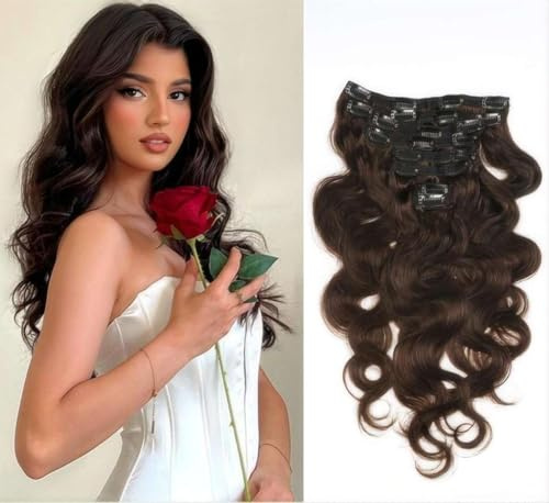Sexycat Extension per Capelli Body Wave Ondulati con Clip, 50,8 cm, 8 Pezzi, 120 g, Extension per Capelli da Clip Capelli Umani Veri, Colore Marrone #2, Ciocche a Doppia Trama per Donne