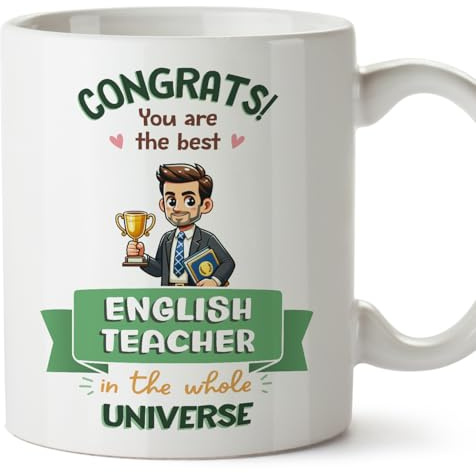 MUGFFINS English Teacher Man Mug - in English - Best in Universe Trophy - Funny Gift for Colleagues - Ceramic 11oz Mug