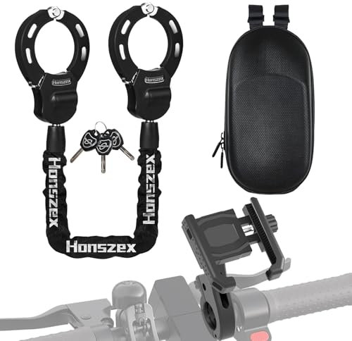 Honszex Schloss für E Scooter, E Scooter Schloss, Handschellenschloss mit Schlüssel, E Roller Schloss mit Handyhalterung und Wasserdichter Tasche, Zubehör für Elektroroller und Elektrofahrräder