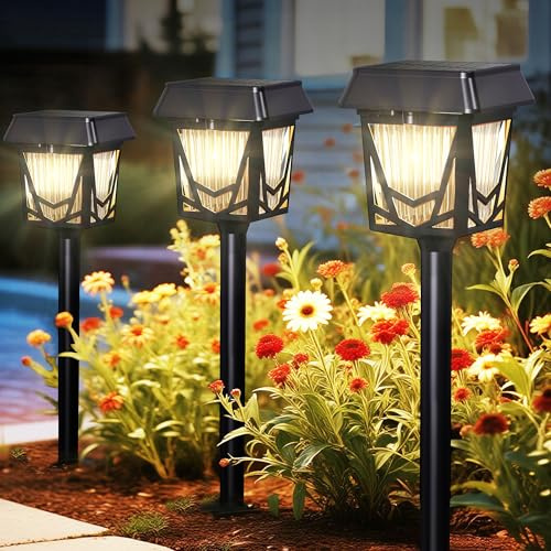 Roxicosly Solar Path Lights Outdoor, 6 Pack, Modern Black, 4.02 x 4.02 x 17.36, Warm White, Auto On/Off, 600 Lumen, Waterproof, Outdoor Garden Pathway Lights