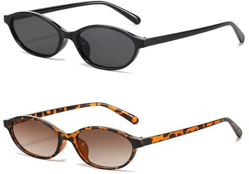 YAMEIZE Ovale Katzenaugen Sonnenbrille Retro Vintage für Damen 90er Jahre Sonnenbrille Kleine Ovale Brille Schmale UV400 Schwarz+LeoBraun
