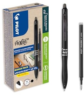 PILOT - 10er-Set FriXion Ball Plus + 10 Nachfüllungen - Ergonomische Radierbare Stifte - Einziehbare und Nachfüllbare Tintenroller - Recycelter Kunststoff - Schwarz - Mittlere Spitze