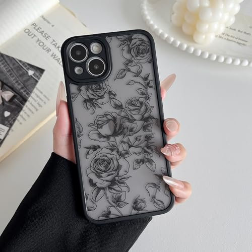 XIZYO Case for iPhone 15 6.1 Inch, Cute Frosted Translucent Rose Floral Flower Pattern Shockproof Cover, for Girls Women Luxury Aesthetic Soft TPU Protective Phone Case, Branch Rose/Black