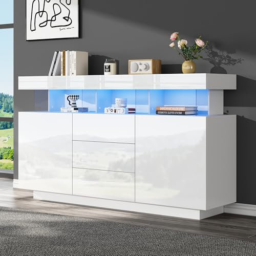 LANTRO JS Wohnzimmer Möbel mit 16-farbigem LED-Lichtstreifen, Hochglanz Sideboard mit 3 Schubladen und 2 Schränke, Kommode geeignet für Esszimmer und Flur, 140 x 35 x 80 cm, Weiß