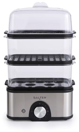 Salter Kompakter Dampfgarer, 3 Ebenen, 3 l, 500 W | 3 stapelbare Dampfgarbehälter, Eieraufsatz für 8 Eier, 60-Min.-Timer, platzsparend, für Gemüse, Fisch, Fleisch und Eier