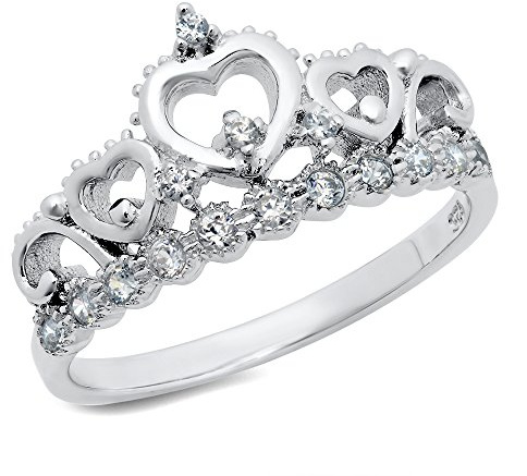 Metal Factory Sz 7 Sterling Silver Cubic Zirconia Princess Heart Crown Tiara CZ Band Ring