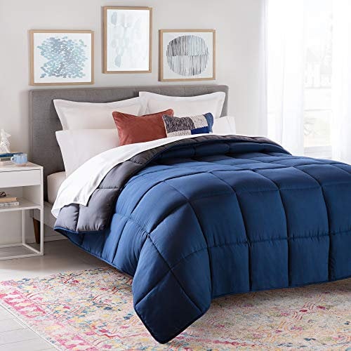 Linenspa All-Season Reversible Down Alternative Quilted Comforter - Hypoallergenic - Plush Microfiber Fill - Machine Washable - Duvet Insert or Stand-Alone Comforter - Navy/Graphite - California King