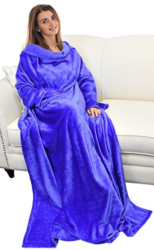 Catalonia Classy Wearable Blanket with Sleeves, Cozy Gift for Women Wife Girlfriend, Warm Soft Fleece TV Blanket with Arms for Sofa Couch, Gift for Her, 185 x 130 cm Blue