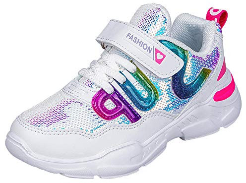 HSNA Mädchen Turnschuhe Glitzer Sneaker Pailletten Kinderschuhe mit Klettverschluss(a01 Weiß 27 EU)
