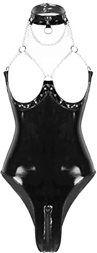 FEESHOW Damen Glänzend Bodysuit Ouvert Lack Leder Catsuit Trikot Stringbody mit Reißverschluss Brustfrei Dessous Clubwear S-4XL Schwarz L