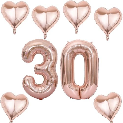 Roségold Zahlen Luftballon 30 +6 pcs herz Heliumballon 30. Geburtstag Deko für Frauen,40 Roségold Riesen Folienballon 30 für 30 Jahre Geburtstag deko, Helium Zahlenballon 30