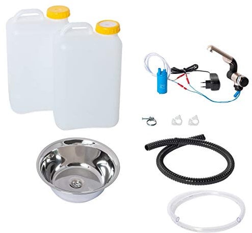 Wasseranlage Imbisswagen Verkaufsanhänger Campingküche 230v Bausatz Spüle 28cm (280mm) + Wasserhahn Barwig Chrom Wasserkanister 19 Liter (ad-ideen)