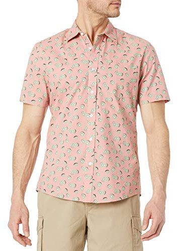 Amazon Essentials Chemise imprimée boutonnée à Manches Courtes pour Hommes, Coupe ajustée, Motif Fruits Roses, Taille XL