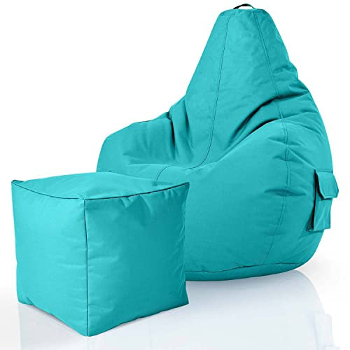 Green Bean 2er Set Sitzsack + Hocker - fertig befüllt - robust waschbar schmutzabweisend - Kinder & Erwachsene Bean Bag Bodenkissen Lounge Sitzhocker Relax-Sessel Gamer Gamingstuhl Pouf - Türkis