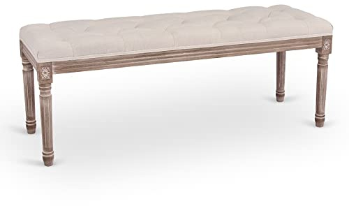 VONLUCE Ottoman Bench, 120 cm French Vintage Dining With Cushioned Seat Wood Frame, Button Tufted for Hallway Living Room Bedroom Decor, Linen Upholstered Seat Large Footstool, Beige