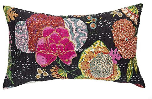 Kissenbezug mit Vogelpfauen-Aufdruck, Bauernhaus-Dekokissen, Baumwolle, indischer Kantha-Kissenbezug, dekorativer Kissenbezug (50,8 x 91,4 cm, schwarz)