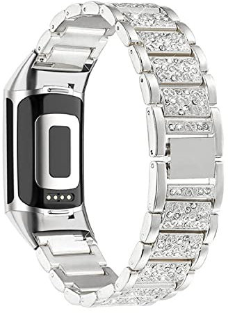 ahayo Damen Armband für Fitbit Charge 5, Metalllegierung mit funkelnden Kristallen Bling Schnellverschluss Uhrenarmband für Fitbit Charge 5 Aktivitäts Tracker (Silber)