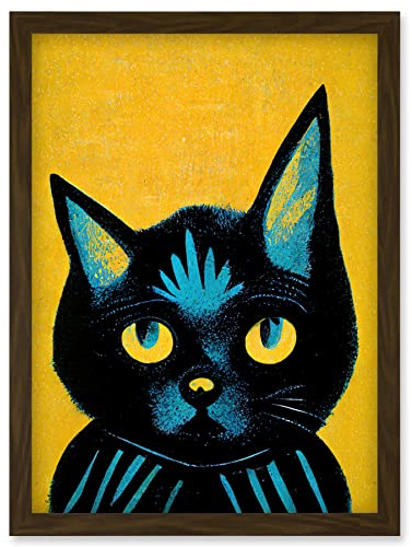 Wee Blue Coo Quirky Bold Black Cat Yellow Blue Artwork Framed Wall Art Print A4