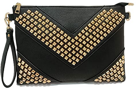 NIGEDU Übergroße Clutch-Tasche für Damen, PU-Leder, Umhängetaschen, Nieten, Handgelenktasche, Nieten, Umschlag-Clutches, Schwarz und Gold, Large