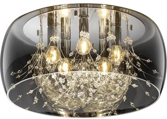 meineWunschleuchte Deckenleuchte Ø 50cm Glas Schirm Chrom verspiegelt mit Rauchglas Optik mit Kristallbehang