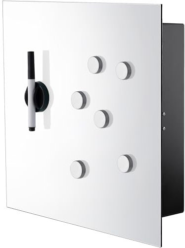 BALOU Schlüsselkasten modern mit Glas Magnettafel - Memoboard magnetisch mit 6 Magneten und Stift - Schlüsselschrank groß mit 20 Haken 33x33x6,8cm Spiegel