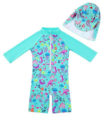 upandfast Maillot de Bain Une pièce pour bébé/Tout-Petit Maillot de Bain bébé avec Protection Solaire UPF 50+ Capuche fourni (Vert Clair, 3-6 Mois)