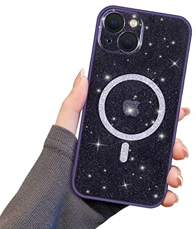 Newseego Custodia per iPhone 13 Glitter Trasparente Ragazze Donne[Compatibile con MagSafe], Cover Magnetica Telefono Scintillante Antiurto Protezione Fotocamera Cover iPhone 13-Viola