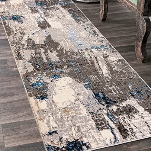 Mazovia Läufer Flur 100x950cm Creme Anthrazit Abstrakt Weich Pflegeleicht | Teppichläufer für Küche Waschküche Schlafzimmer Beige Fußbodenheizungsgeeignet Reinigungsmittelbeständig Verkauf pro Meter