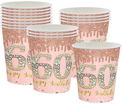 16Pcs 60th Birthday Rose Gold Paper Cups Party Decor,60th Rose Gold Women Birthday Disposable Party Paper Cups,Happy 60th Birthday Tableware Decorations for Her,Women,60th Birthday Gifts Party Supplie