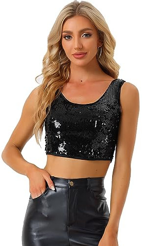 Allegra K Women's Halloween Costume Metallic Sequin Crop Top Sparkle Glitter Sleeveless Party Club Tank Top Black m