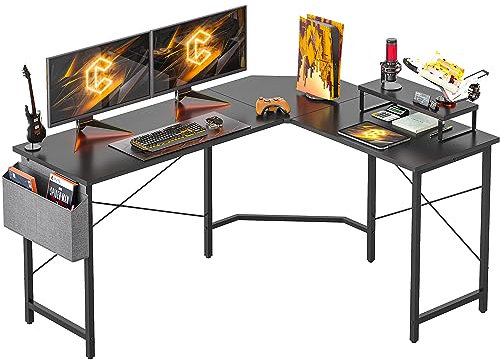 Cubiker L Shaped Gaming Desk, 150 cm Computer Corner Desk with Monitor Shelf for Home Office Study Writing Workstation, Black Carbon Fiber