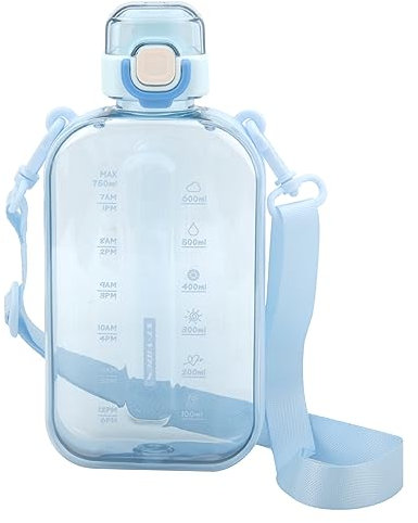 APOMOONS Gourde plate de 750 ml, sans BPA, anti-fuite, en Tritan, avec marquage de l'heure et sangle de transport, pour le sport, les voyages, le fitness et l'extérieur