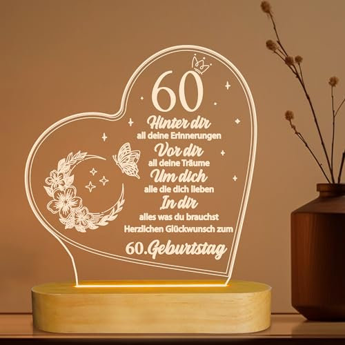 OkiyiD Geburtstag Frau Mann, 60. Geburtstagsgeschenke - Acryl Nachtlicht Geschenke Deko, 60. Geburtstag für Vater, Mutter, Freunde, Ehemann, Ehefrau, 60. Geburtstagsgeschenkideen