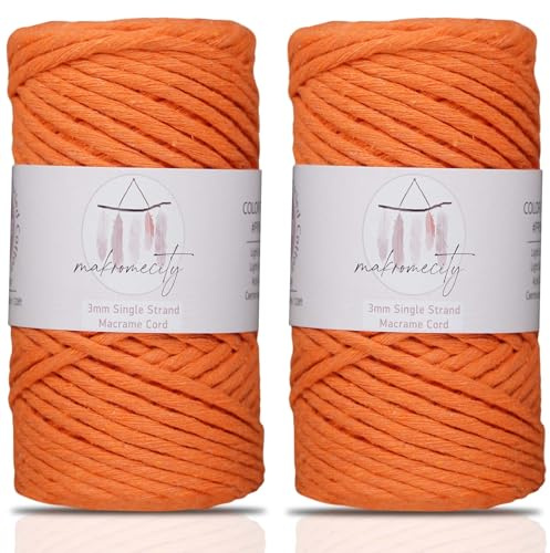 Makromecity, 2 Stränge Makramee Schnur 3mm x 109Yards (322ft) Makramee Schnur 3mm gedrehtes Makramee Garn, Makramee Schnur für Makramee Federn, Recyceltes Baumwollkordel Garn (Orange, 2 Knäuel)