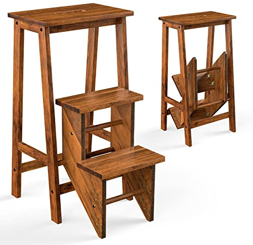GOPLUS Tabouret Escabeau Pliable 3 Marches, Escabeau Marchepied en Bois Massif, Tabouret d'Échelle Multifonctionnel, avec Marches Réversibles, Poignée de Transport, Charge 310KG (Café)