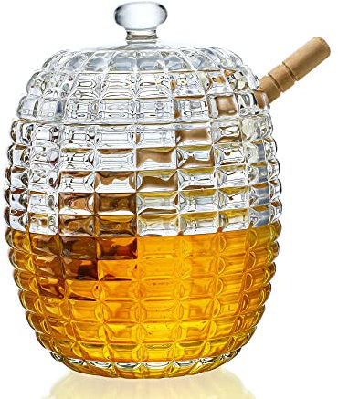 H&D HYALINE & DORA Tarro de miel de cristal con 2 cucharones, dispensador de cristal, recipiente para ollas de miel, cuchara de miel y juego de cristal, hecho a mano con colmena de abejas y cucharón