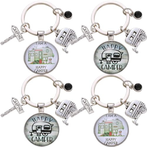 YGCHEN Porte-Clés Camping Car Pendentif Happy Camper Porte Clé Caravane Keychain Car Porte-Clés de Voiture Accessoire de Pendentif Anniversaire Cadeau 4 Pièces
