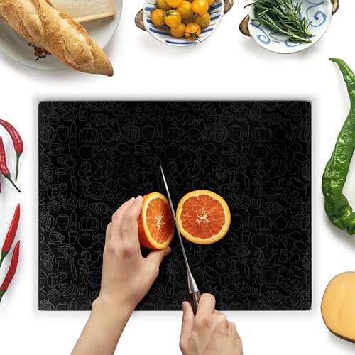 Kitchenville Glass Chopping Board 40x30cm : Tempered Glass Worktop Savers for Kitchens, Durable, Scratch-Resistant, Heat-Proof - Black Design