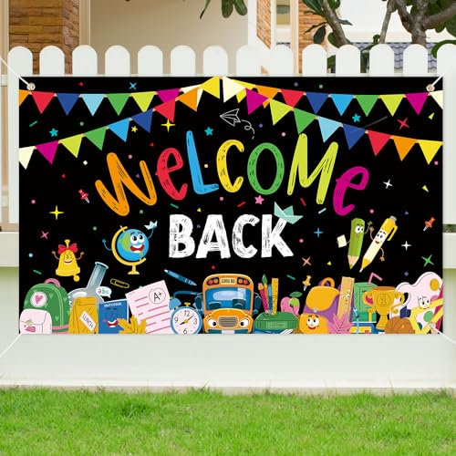 Pancarta de Bienvenida de Nuevo, 185x110cm Pancarta de Regreso a la Escuela con Cuerda Pancarta del Primer Día de Clases Decoraciones de Regreso a la Escuela para Estudiantes Aulas (Negro)