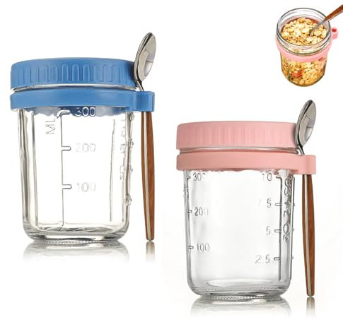 BLLREMIPSUR Mason Jars for Overnight Oats, 2 Pack 350ml Overnight Oats Jar with Spoons & Airtight Stainless Steel Lids - Food-Safe Glass Breakfast Pots for Yogurt Pudding
