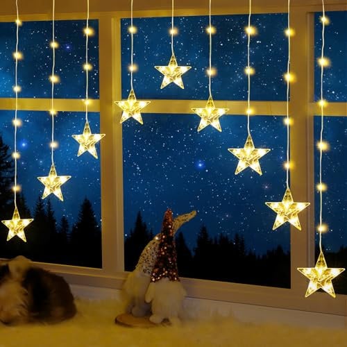 ELKTRY Christmas Window Lights Battery Powered, 9 Stars 76LEDs Window Hanging Lights, 144CM Xmas Decorations, 11 Flash Modes with Timer, IP65 Waterproof for Indoor Outdoor Home Bedroom Party