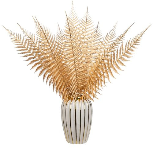 Oairse 12pcs Artificial Gold Fern Leaves, 19.3in Faux Greenery Stems Golden Fern Leaf for Wedding Floral Arrangements, Christmas Decorations, DIY Craft Projects, Home Vase or Table Decor