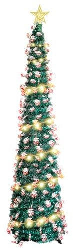 Yallmie 5Ft Collapsible Christmas Tree, Led Xmas Tree with 16.5Ft String Lights Artificial Christmas Tree, Pencil Christmas Tree Battery Operated Christmas Lights Tree for Indoor Outdoor (Santa Claus)