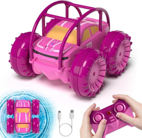 ifollower Voiture Télécommandée pour Fille – Type C Charge Direct MonsterTruck Amphibie, 4x4 Voitures Télécommandé Tout Terrain 360°Rotation avec LED Lumière pour Enfant 3-8 Ans