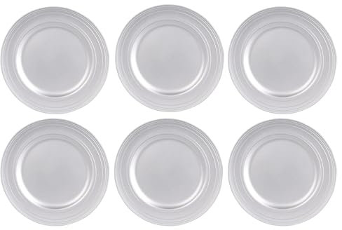 6 x Platzteller wiederverwendbar aus herrlich schimmernden Kunststoff Ø 33 cm - Unterteller wiederverwendbar - Dekoteller aus Kunststoff Farbe Silber
