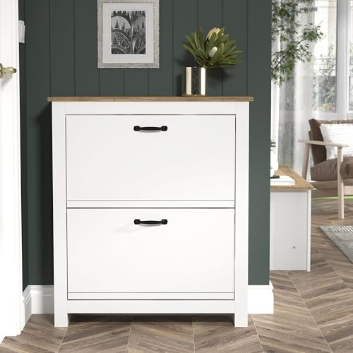 Galano Laverton 2 Tier Flip-Down Shoe Cabinet – Slim Modern Hallway Shoe Storage Cupboard for Entryway, Bedroom or Living Room (White/Oak)
