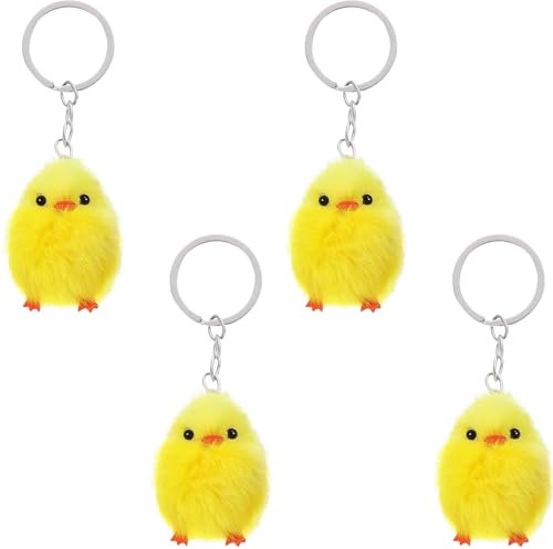 LUYANFX Flauschiges Gelbes Küken Schlüsselanhänger, 4 Stück Osterküken Taschenanhänger mit Lanyard, Ostern Küken Kuscheltier Huhn Plush Kurz Plüsch Keychain Cute Lustiger Kleines Plüschtier